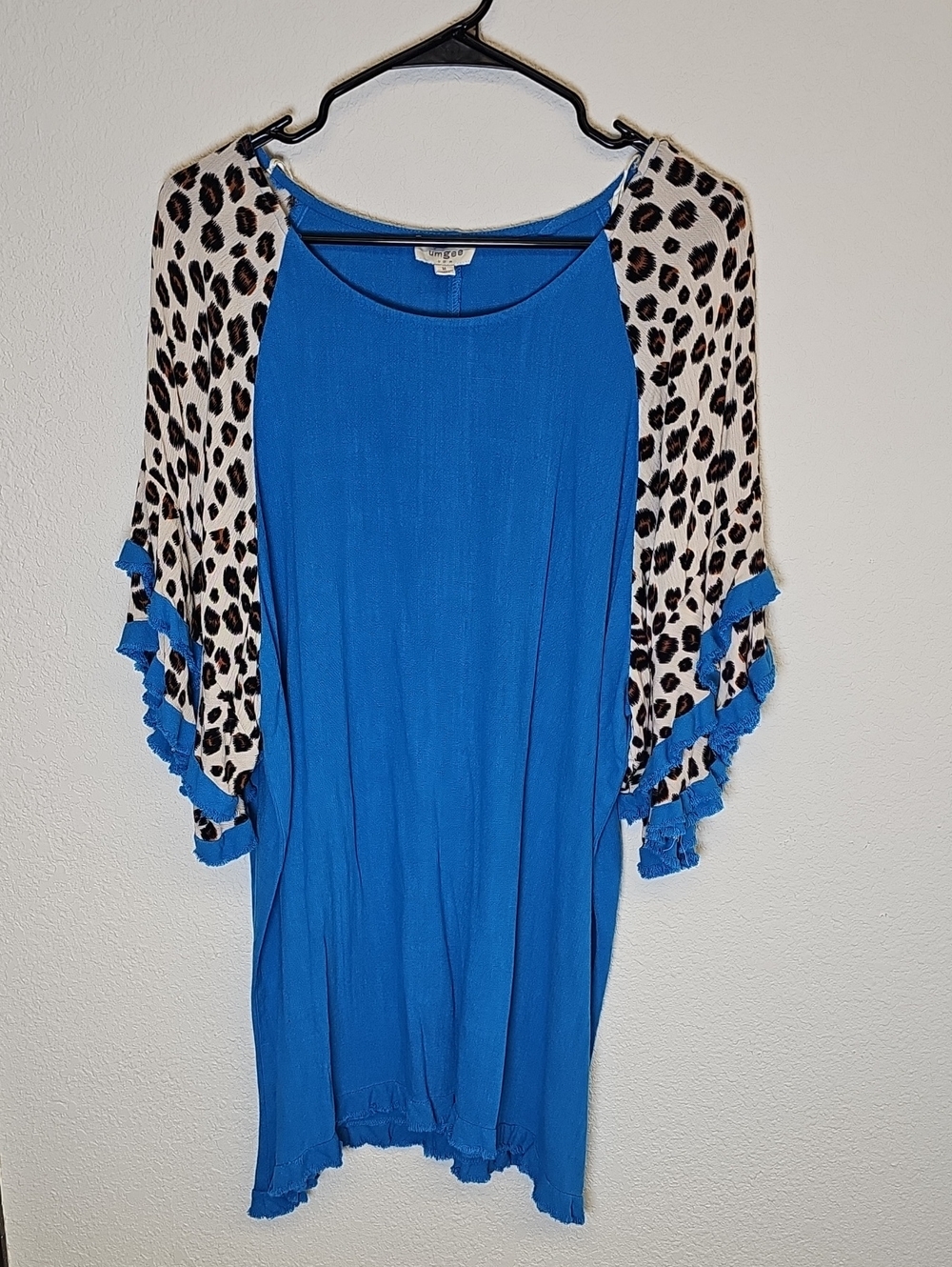Umgee Oversized, Royal Blue Tunic with Leopard-Print Flutter Sleeves